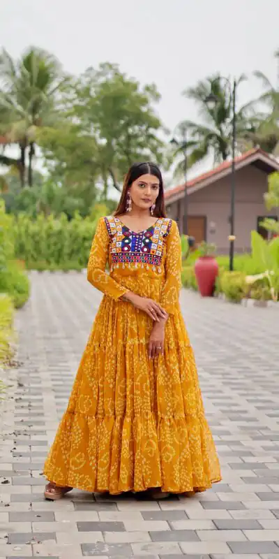 Classic Mustard Faux Georgette Embroidery Work Gown