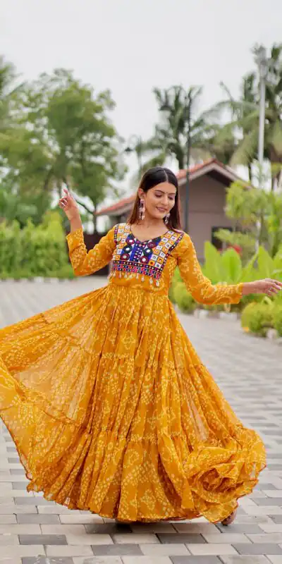 Classic Mustard Faux Georgette Embroidery Work Gown