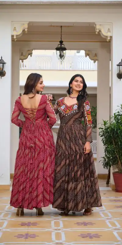 Cool Brown Faux Georgette Mirror Work Gown