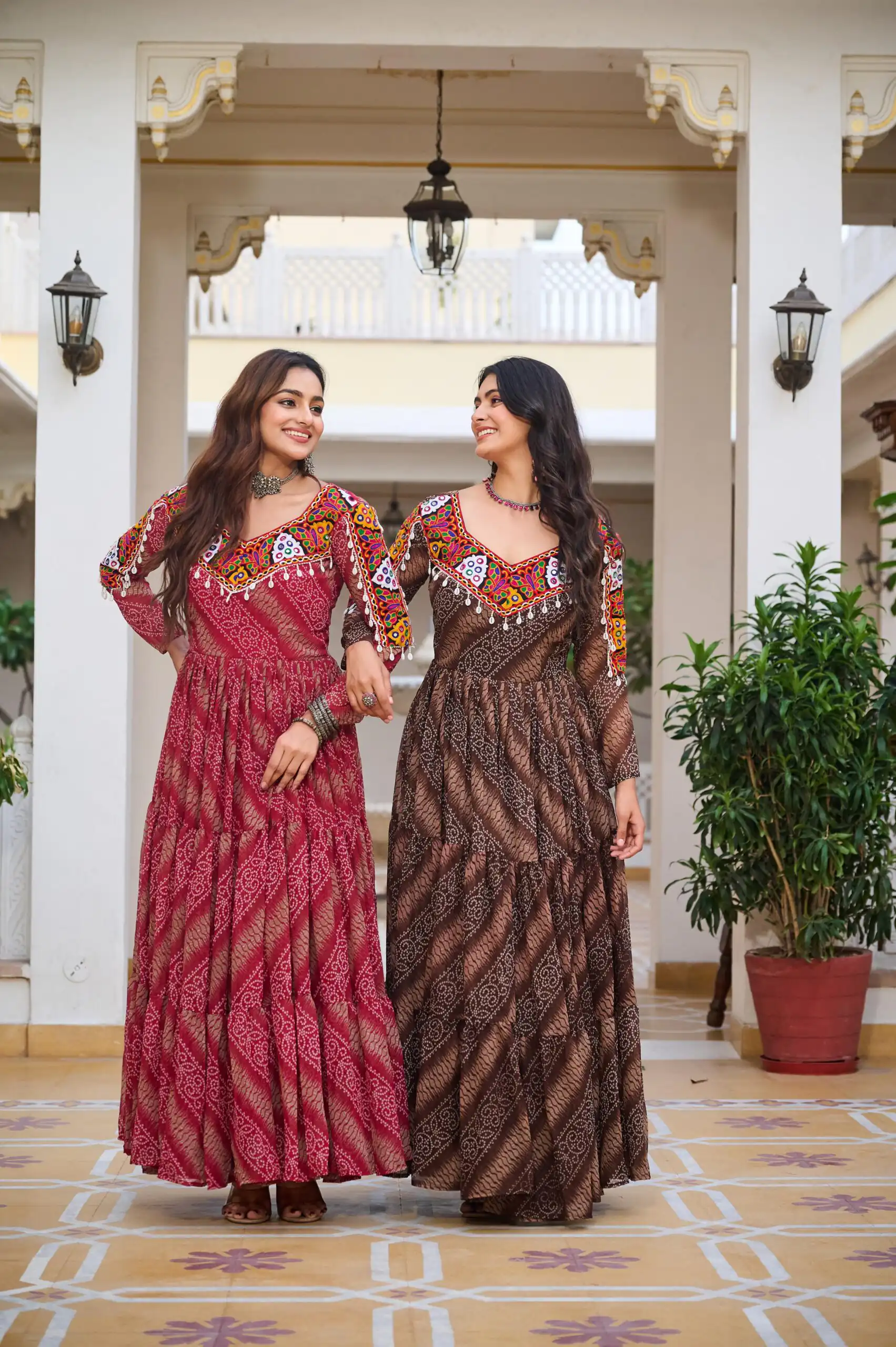 Cool Brown Faux Georgette Mirror Work Gown