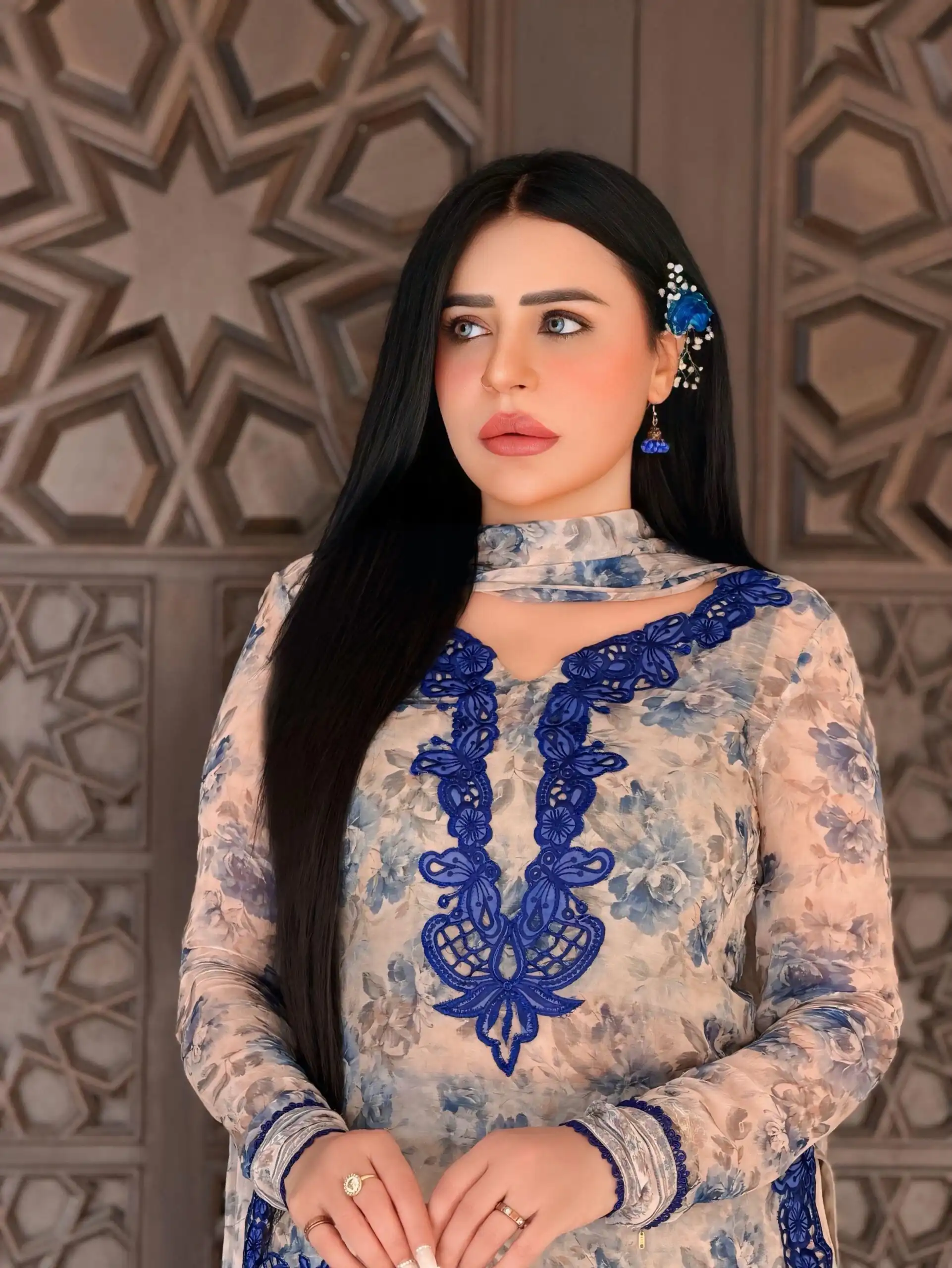 Cool Cream Faux Georgette Embroider Work Salwar Suit