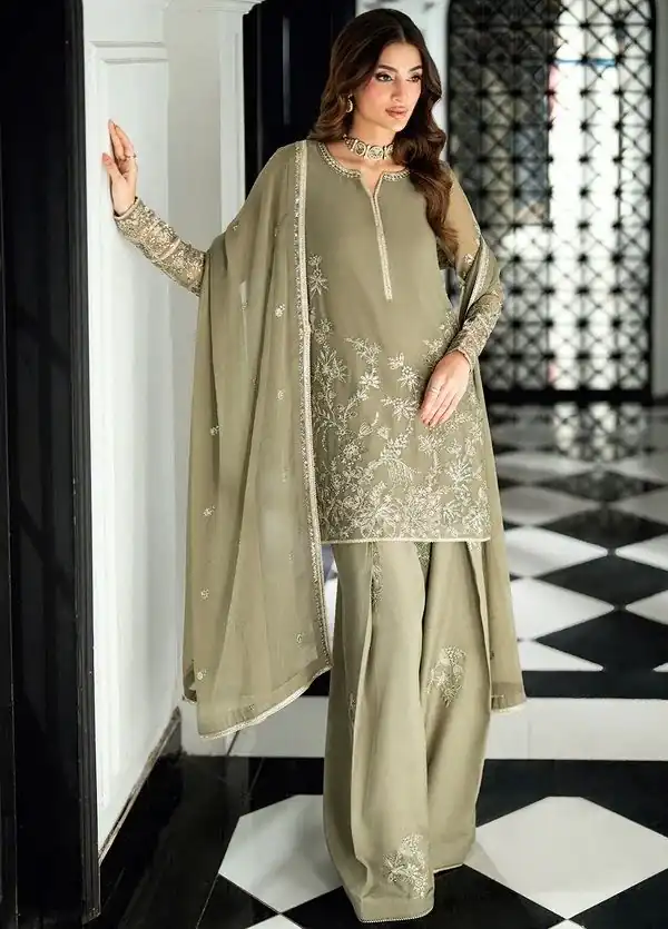 Cool Sage Green Faux Georgette Sequence Work Salwar Suit