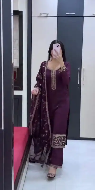 Cool Wine Georgette Embroidery Work Salwar Suit
