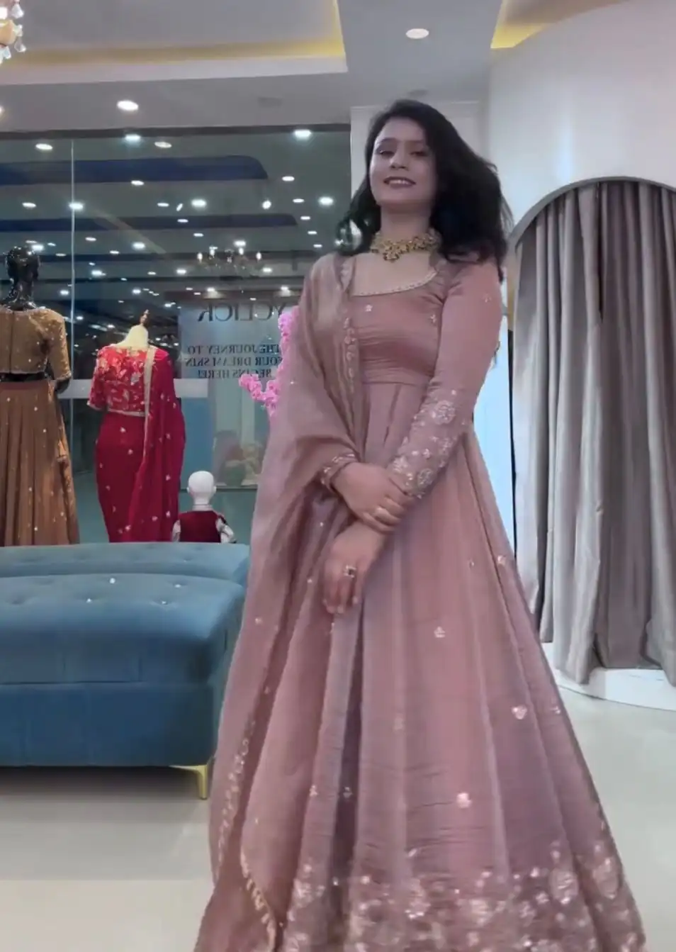 Elegant Onion Crunchy Silk Embroidery Cut Work Gown