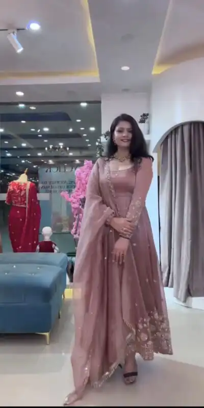 Elegant Onion Crunchy Silk Embroidery Cut Work Gown