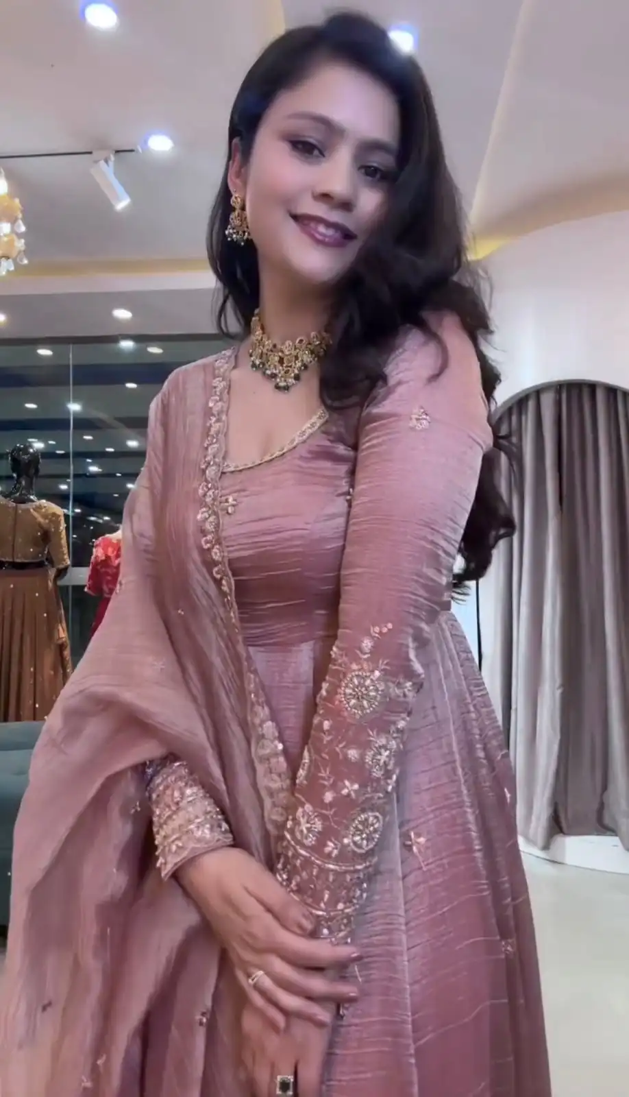 Elegant Onion Crunchy Silk Embroidery Cut Work Gown