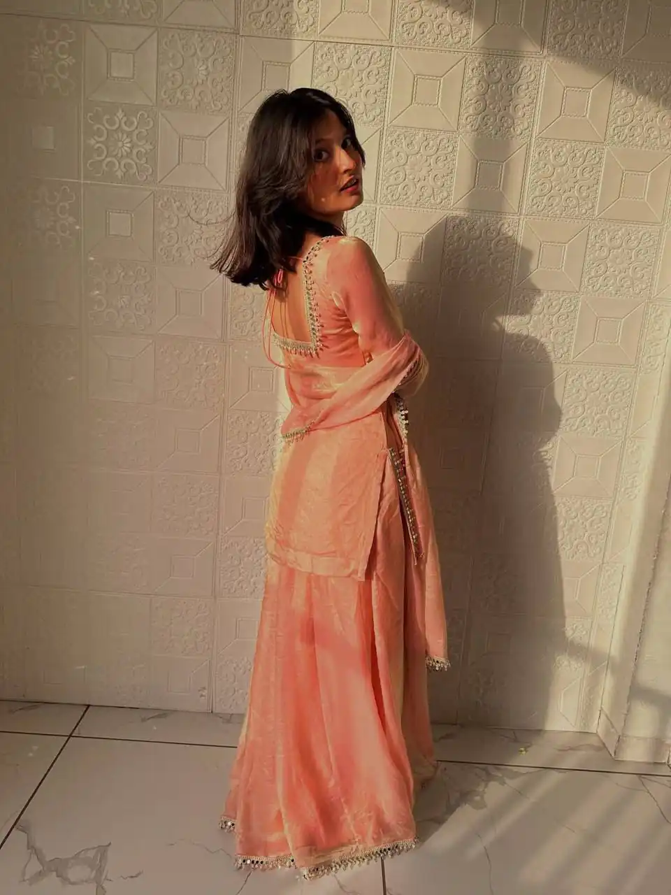 Elegant Peach Fandy Silk Embroidery Work Salwar Suit