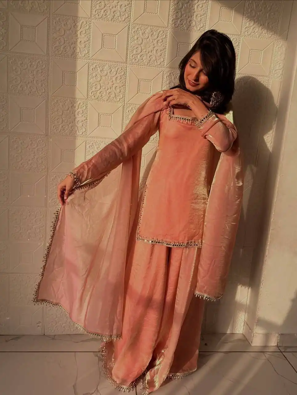 Elegant Peach Fandy Silk Embroidery Work Salwar Suit