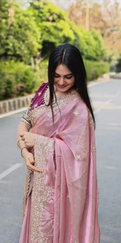 Elegant Pink Fendy Satin Embroidery Work Saree