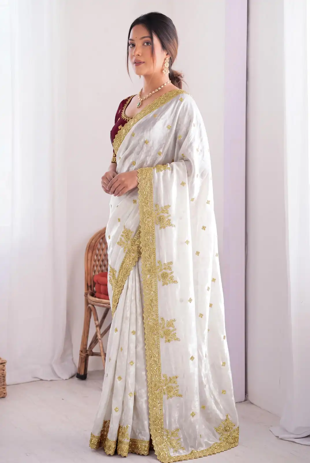 Elegant White Fendy Satin Embroidery Work Saree