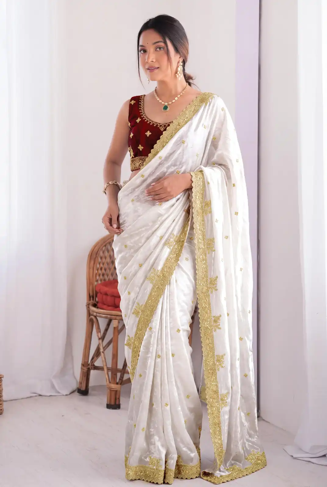 Elegant White Fendy Satin Embroidery Work Saree