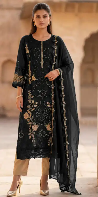 Fancy Black Crunchy Embroidery Work Salwar Suit
