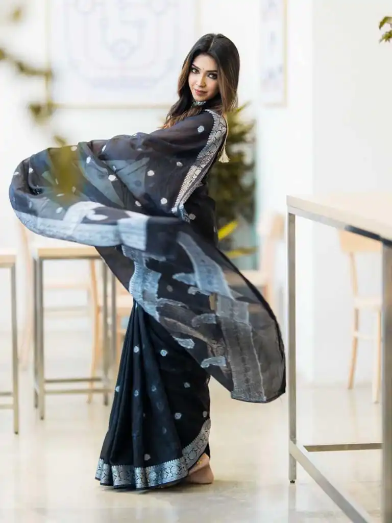 Fancy Black Soft Lilan Slab Jacquard Work Saree