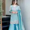 Fancy Blue Fandy Satin Embroidery Work Salwar Suit