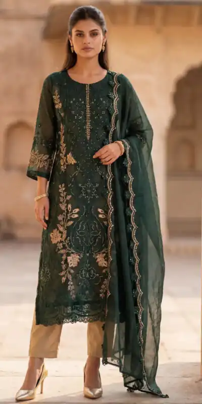 Fancy Green Crunchy Embroidery Work Salwar Suit