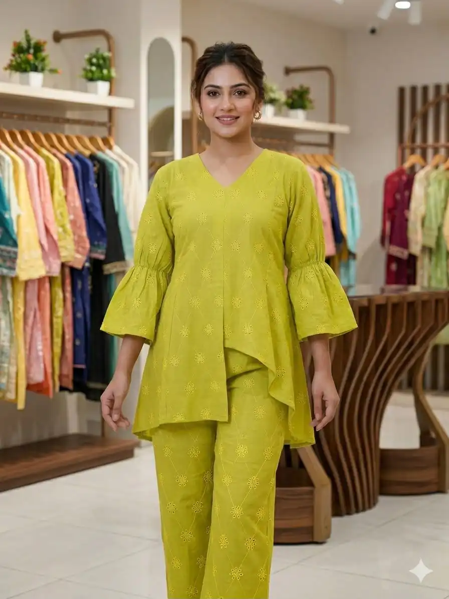 Fancy Lime Yellow Cotton Embroidery Work Salwar Suit