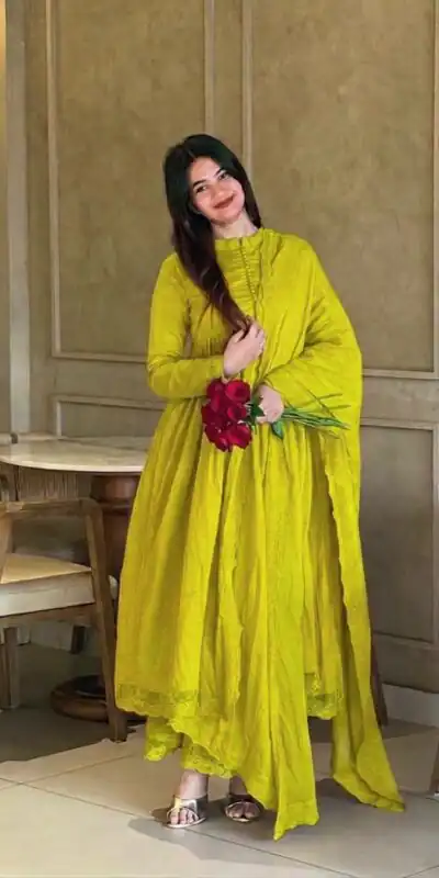 Fancy Lime Yellow Roman Silk Embroidery Cut Work Gown