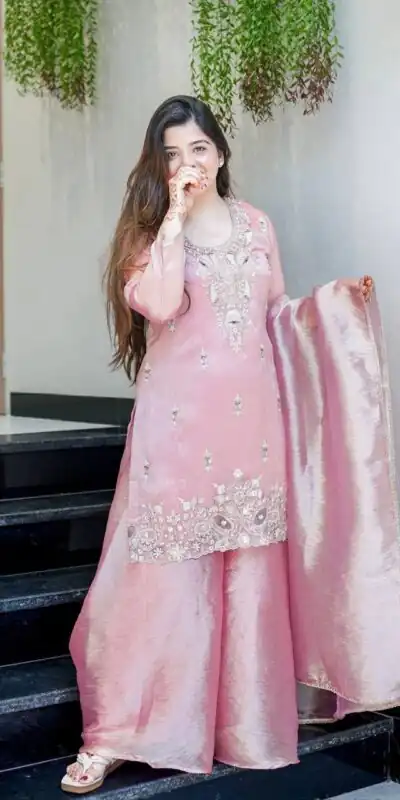 Fancy Pink Fandy Satin Embroidery Work Salwar Suit
