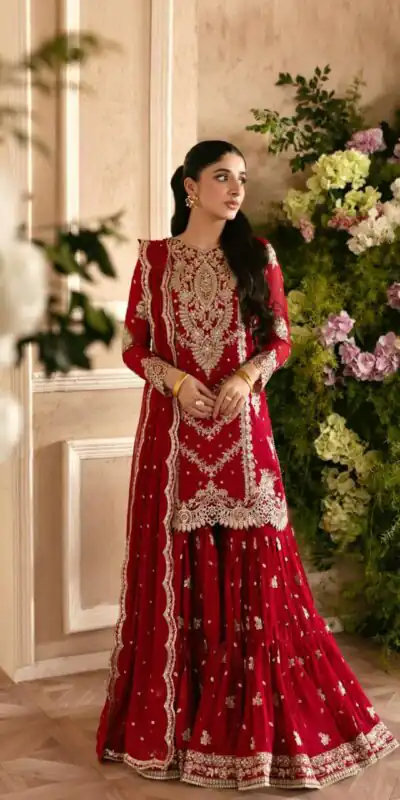 Fancy Red Faux Georgette Thread Work Salwar Suit