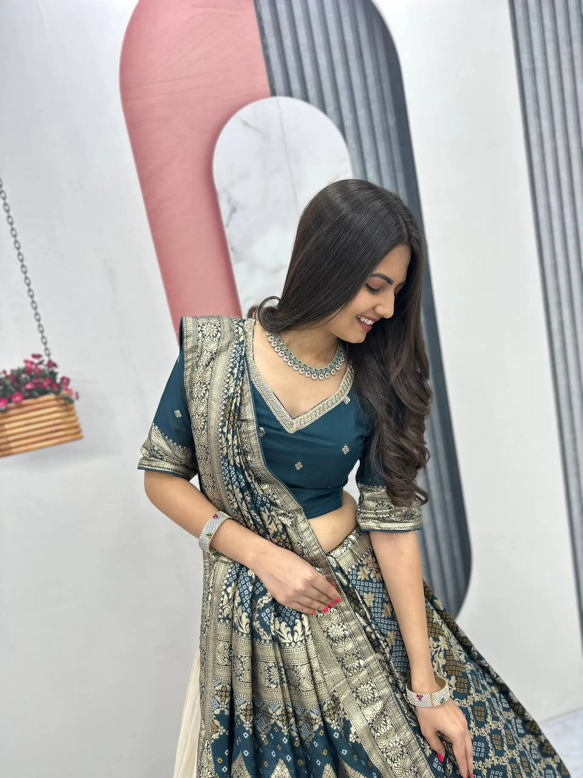 Fancy Teal Jacquard Silk Moti Work Lehenga Choli