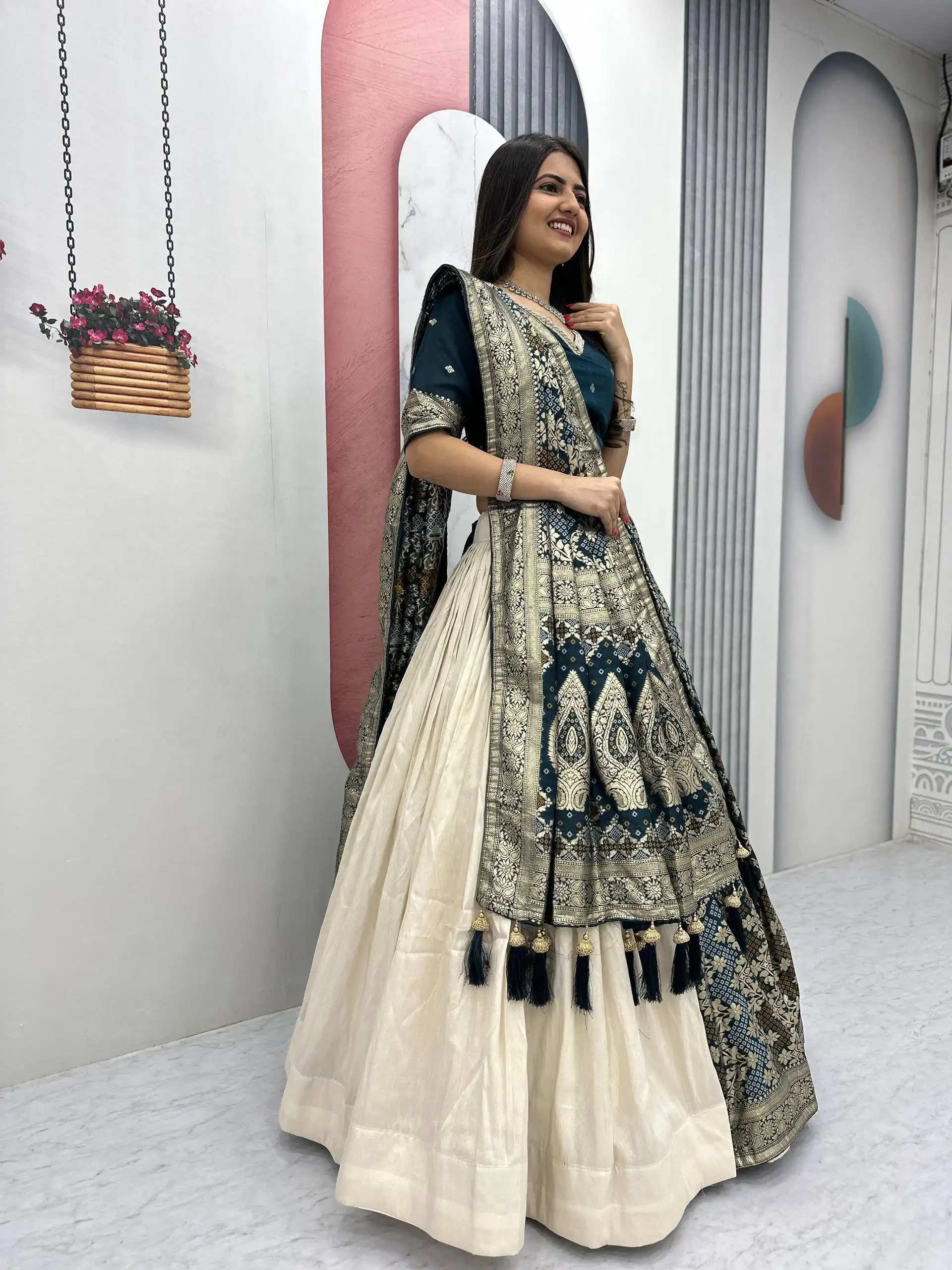 Fancy Teal Jacquard Silk Moti Work Lehenga Choli