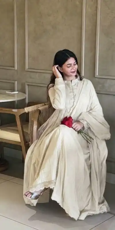 Fancy White Roman Silk Embroidery Cut Work Gown