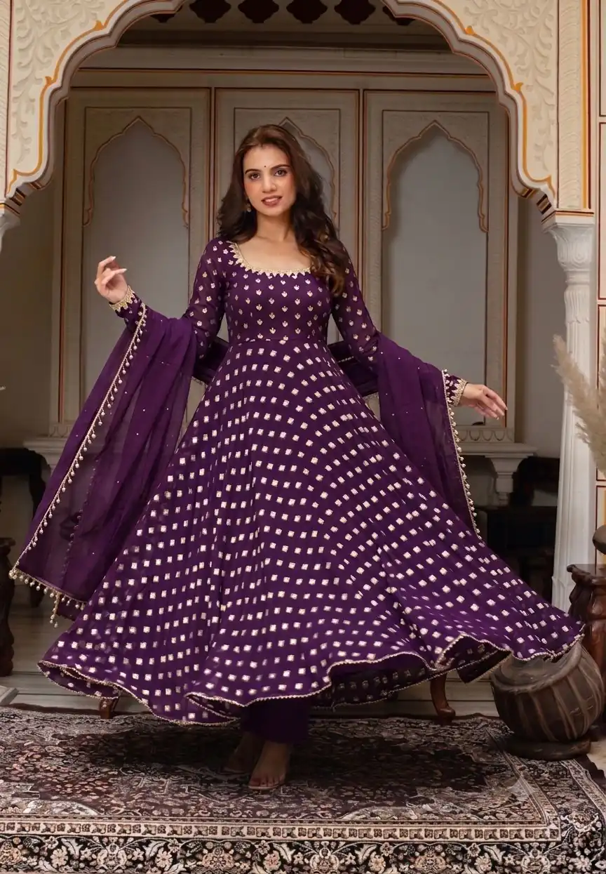 Fancy Wine Chanderi Jacquard Butti Mirror Work Anarkali Suit