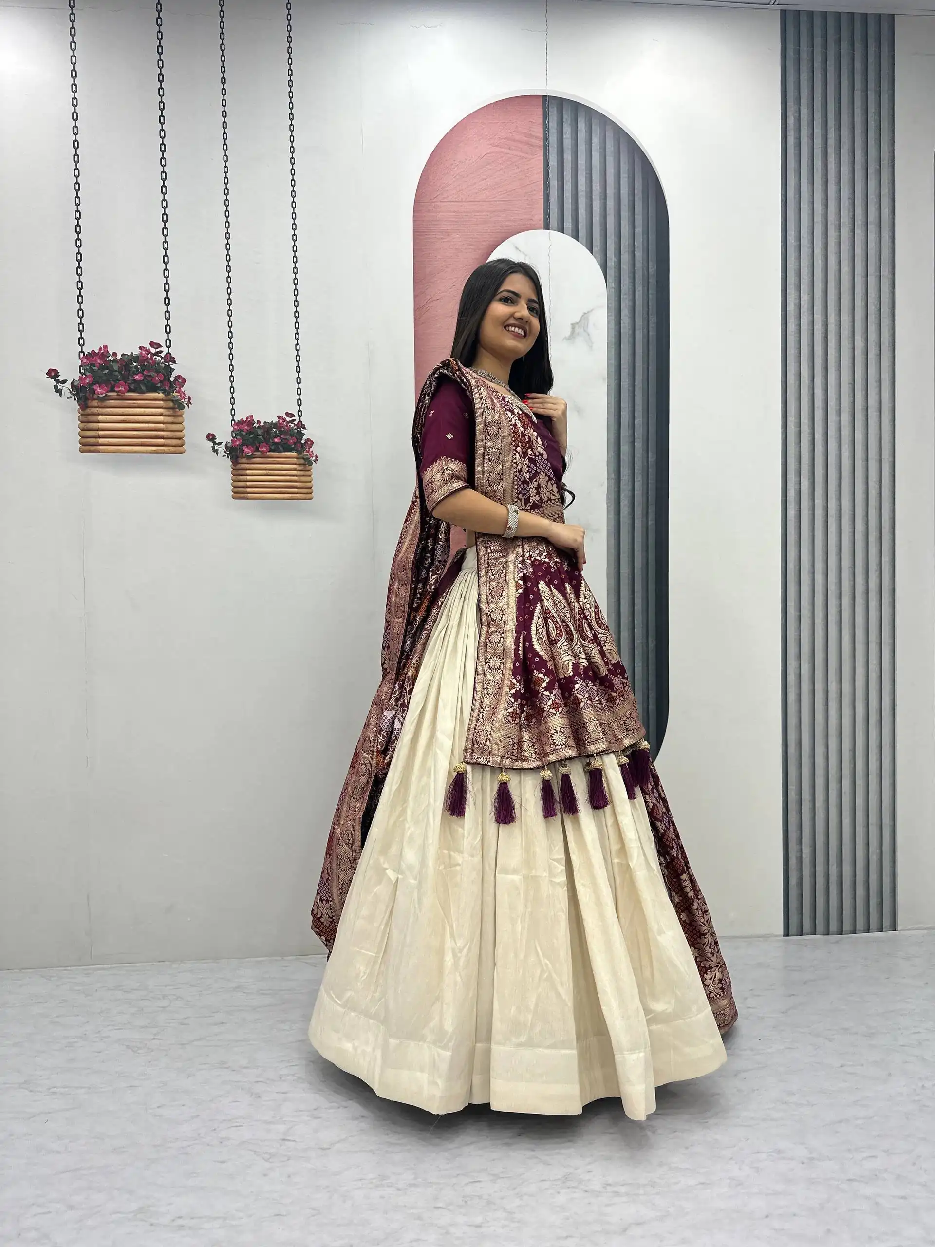 Fancy Wine Jacquard Silk Moti Work Lehenga Choli