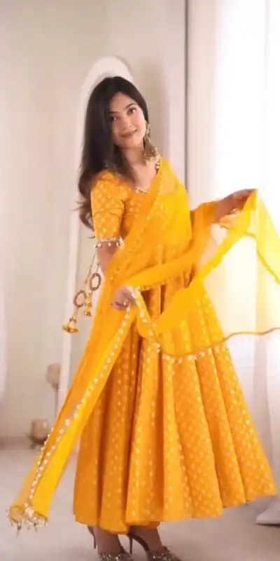 Fancy Yellow Chanderi Jacquard Butti Mirror Work Anarkali Suit
