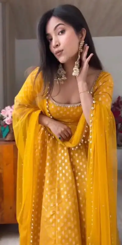 Fancy Yellow Chanderi Jacquard Butti Mirror Work Anarkali Suit