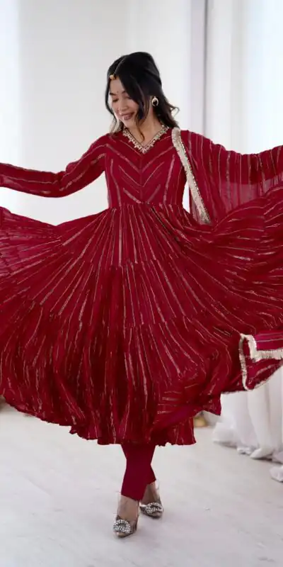 Graceful Red Mal Chanderi Mirror Lace Work Gown