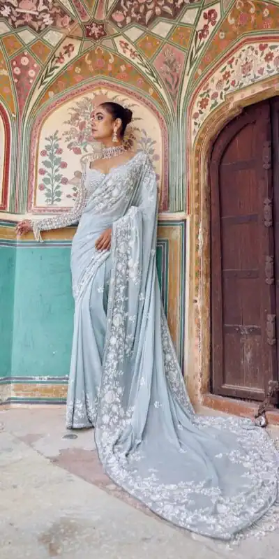 Graceful Sky Blue Faux Georgette Embroidery Work Saree