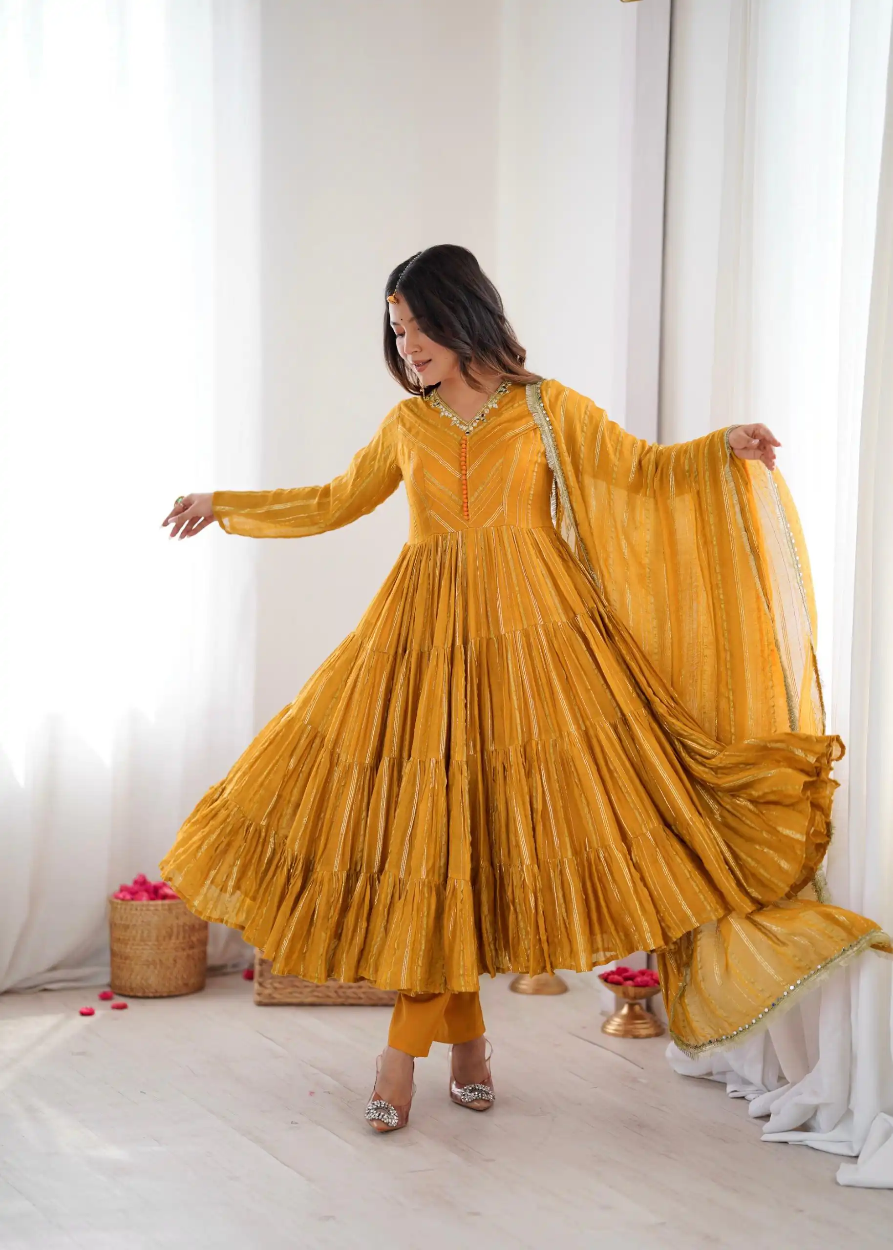 Graceful Yellow Mal Chanderi Mirror Lace Work Gown