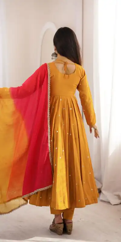 Lovely Mustered Roman Silk Mirror Embroidery Work Gown