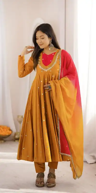 Lovely Mustered Roman Silk Mirror Embroidery Work Gown