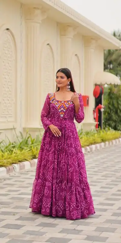 Lovely Pink Faux Georgette Mirror Work Gown