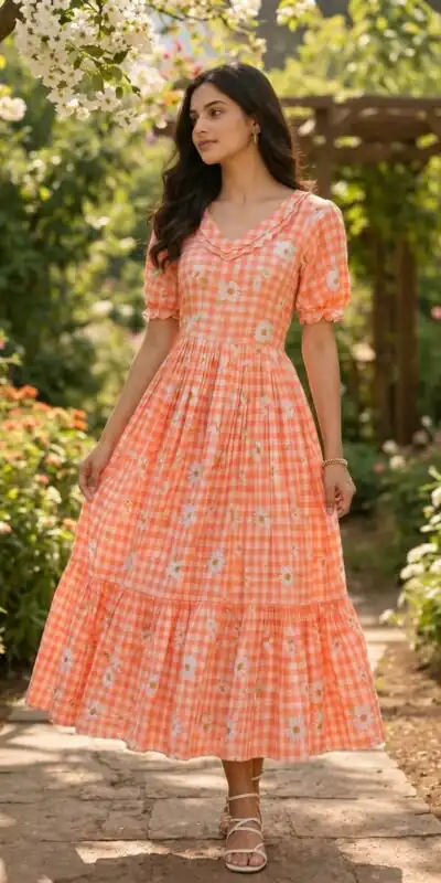 Magical Peach Muslin Silk Gingham Printed Kurti