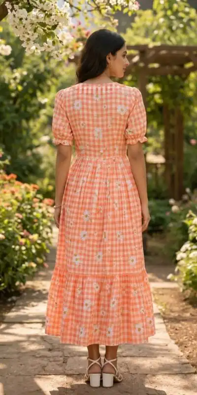 Magical Peach Muslin Silk Gingham Printed Kurti
