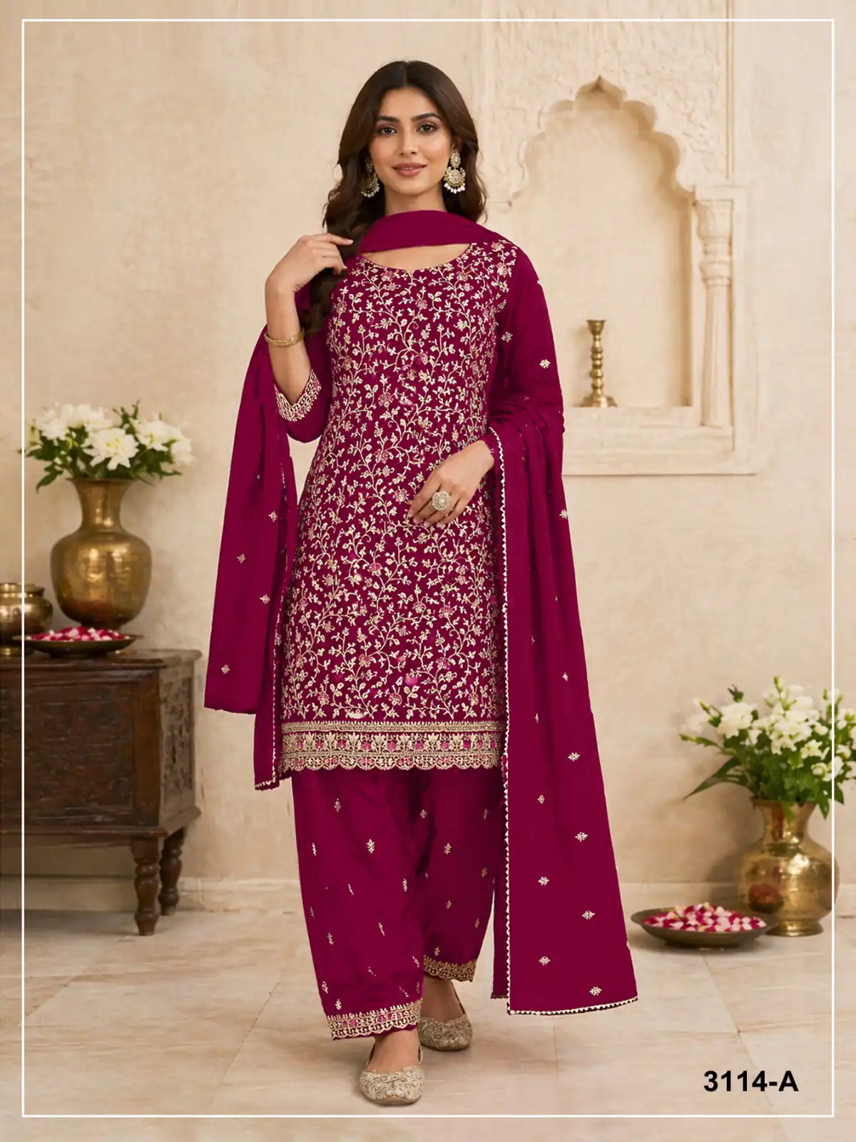 Peaceful Red Blooming Georgette Embroidery Work Salwar Suit