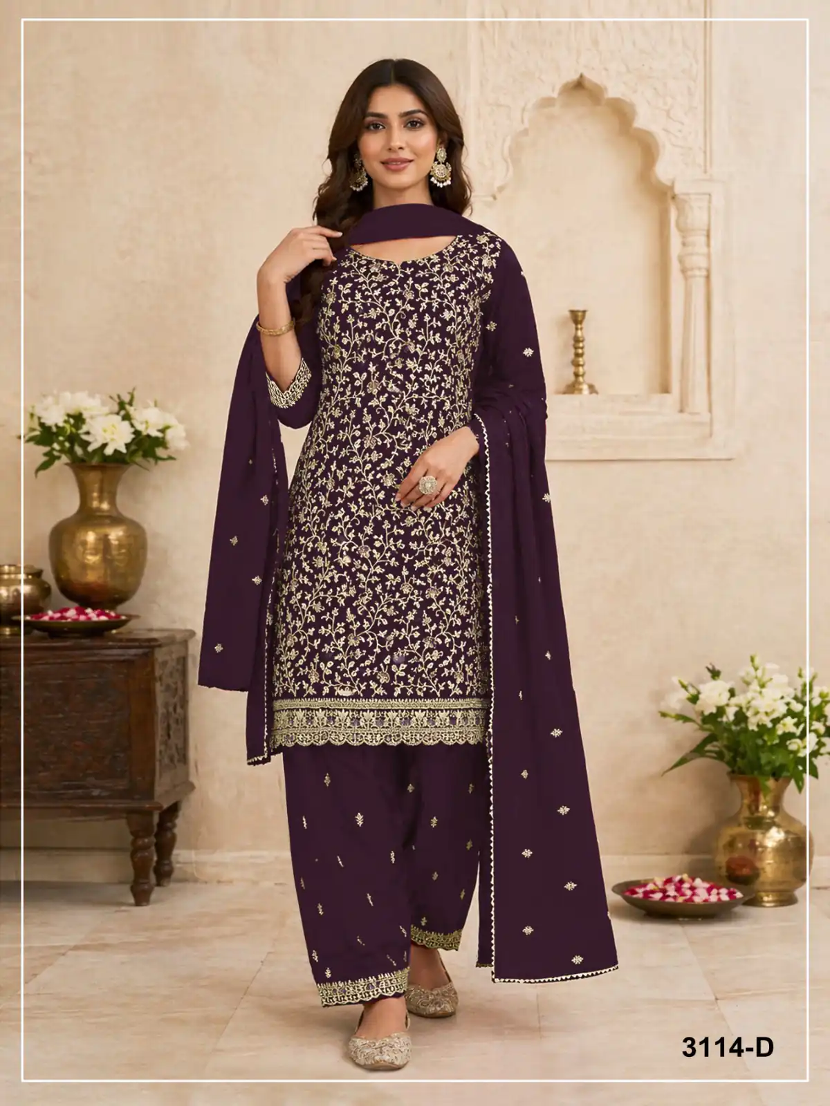 Peaceful Wine Blooming Georgette Embroidery Work Salwar Suit