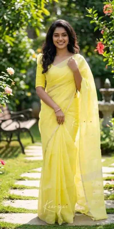 Perfect Lime Yellow Soft Lilan Slab Weaving Work Saree