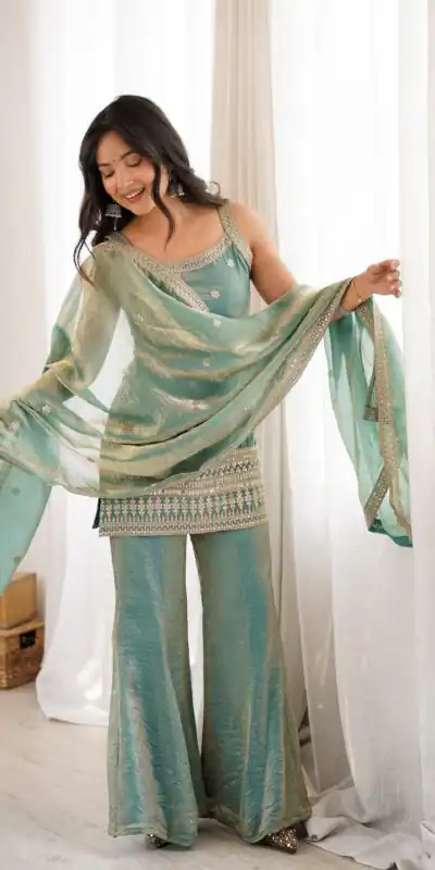 Perfect Sea Green Fendy Silk Sequence Work Salwar Suit