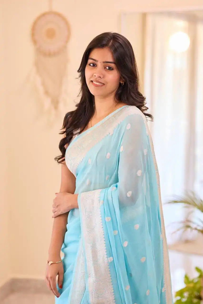 Perfect Sky Blue Soft Lilan Slab Jacquard Work Saree