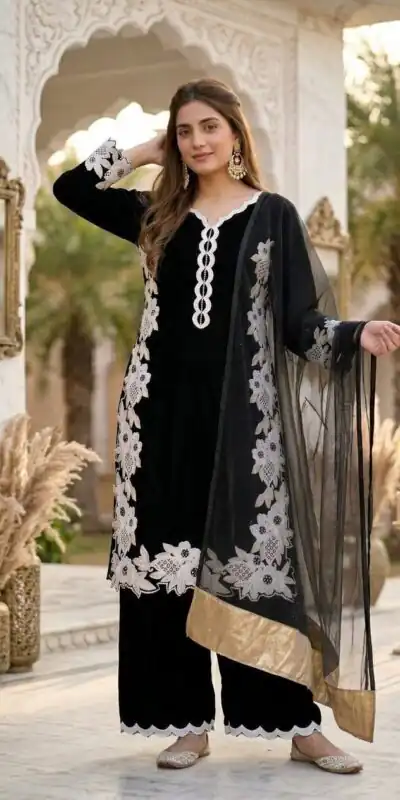 Pretty Black Natural Silk Embroidery Work Salwar Suit
