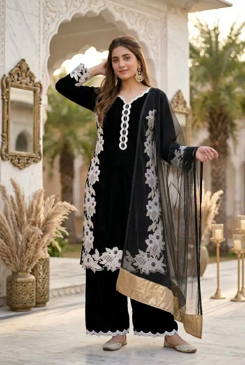 Pretty Black Natural Silk Embroidery Work Salwar Suit