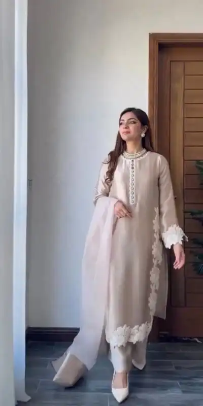 Pretty Cream Natural Silk Embroidery Work Salwar Suit
