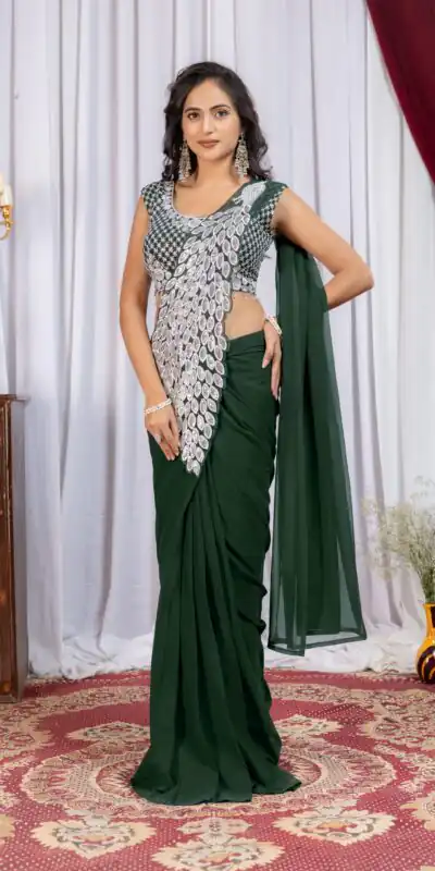 Pretty Green Faux Georgette Embroider Work Saree