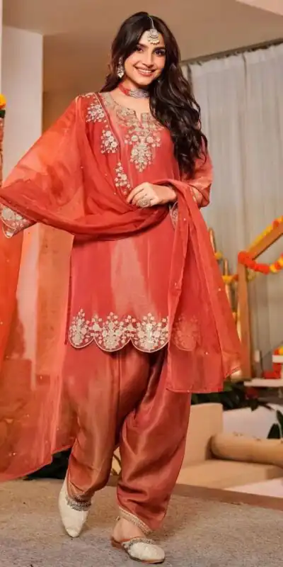 Pretty Orange Fandy Satin Embroidery Work Salwar Suit