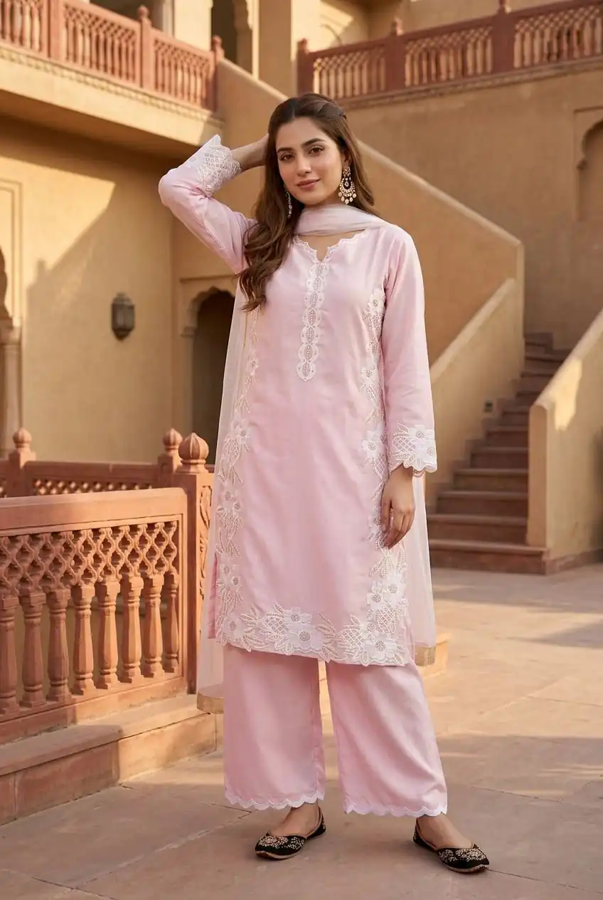 Pretty Pink Natural Silk Embroidery Work Salwar Suit