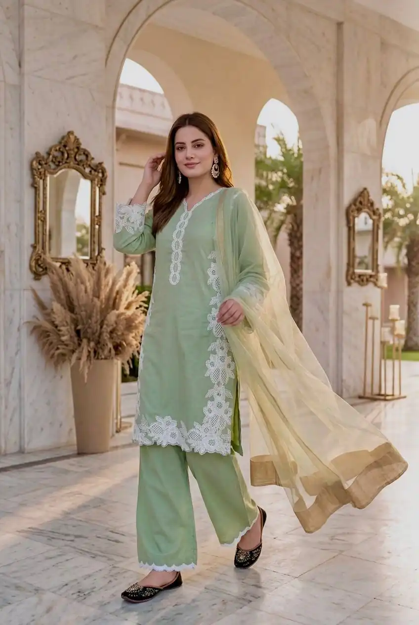 Pretty Pista Natural Silk Embroidery Work Salwar Suit